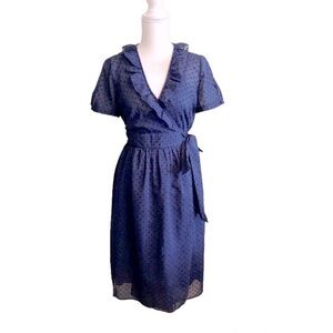 J. Crew Wrap Midi Dress Short Sleeve Nautical Swiss Dot Womens Sz 10 Navy Blue